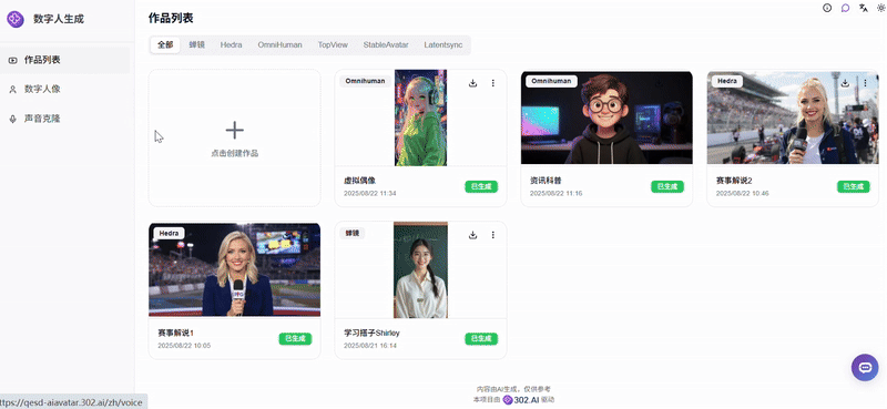 302.AI 新品发布 | AI数字人生成应用上线：告别复杂流程，一站式打造专属虚拟 IP